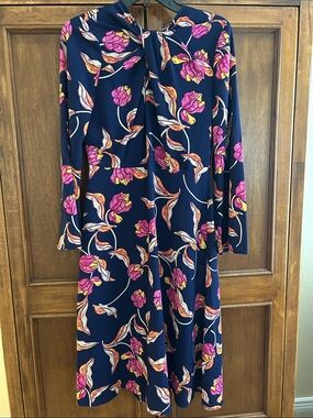 Maggy London Navy Long Sleeve Floral Midi Dress with Pink Blooms